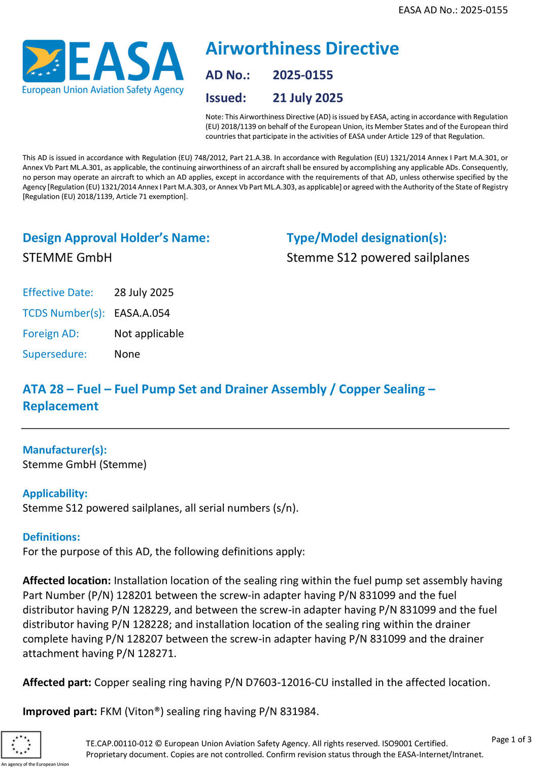 S12 EASA AD Fuel Pump Seal Replacement