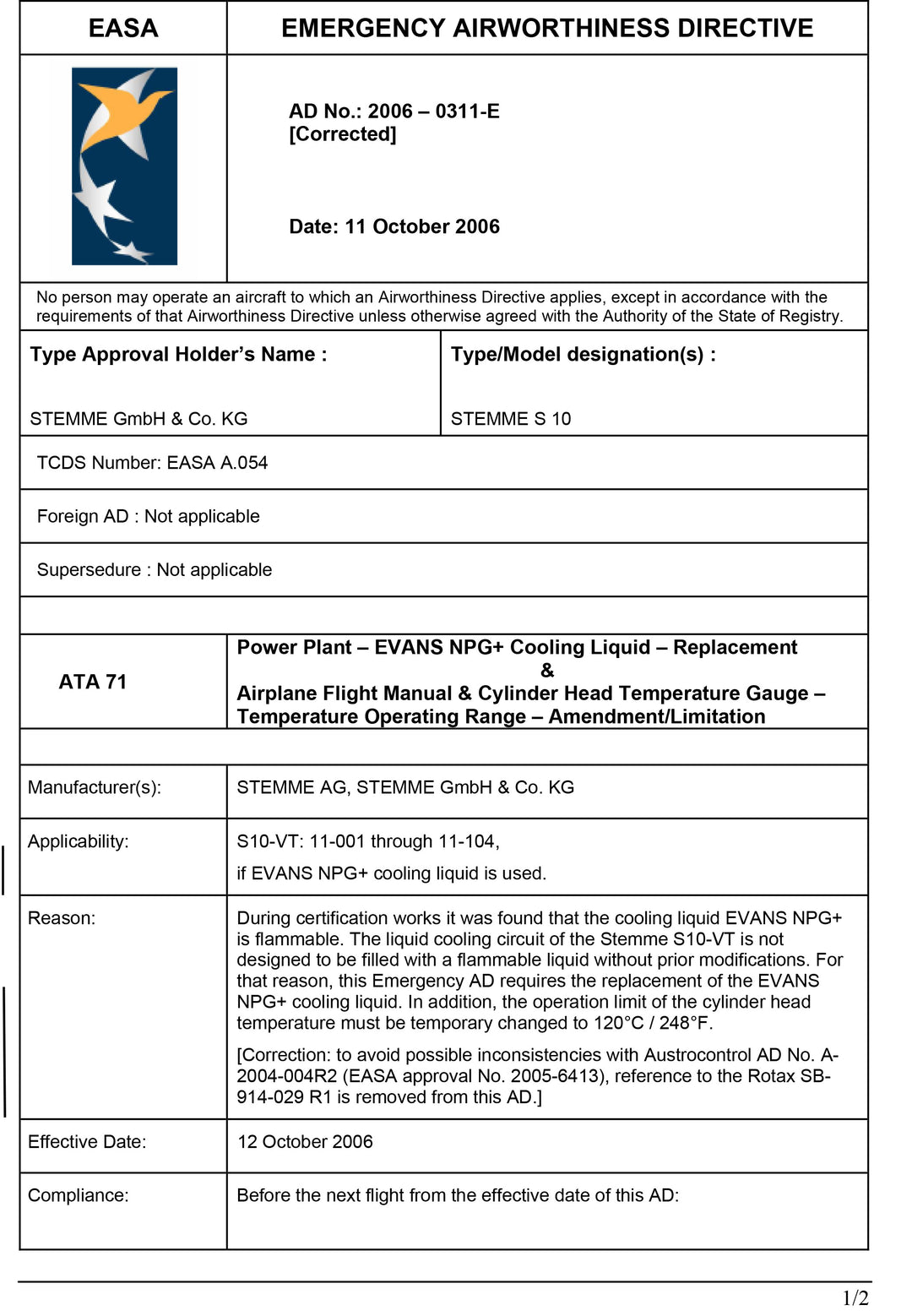 S10 EASA AD Coolant Replacement