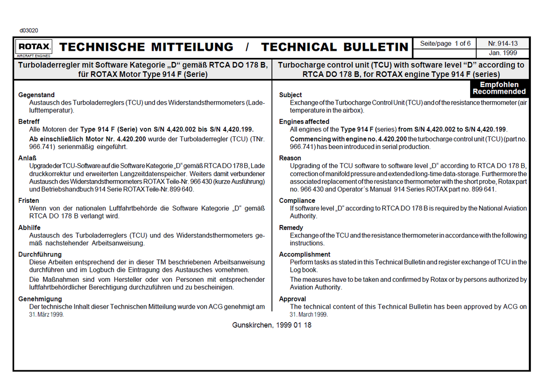 Rotax Service Bulletin Exchange of TCU