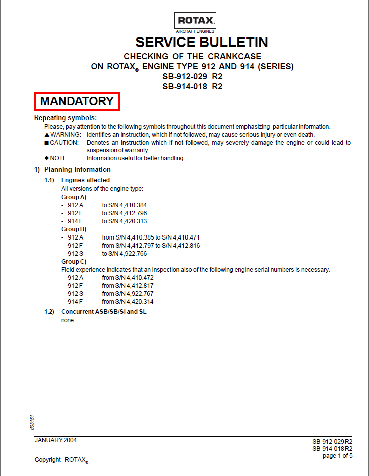 Rotax Service Bulletin Checking of the Crankcase