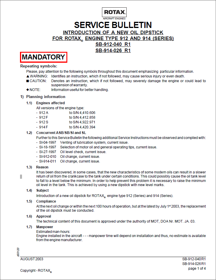 Rotax Service Bulletin New Oil Dipstick