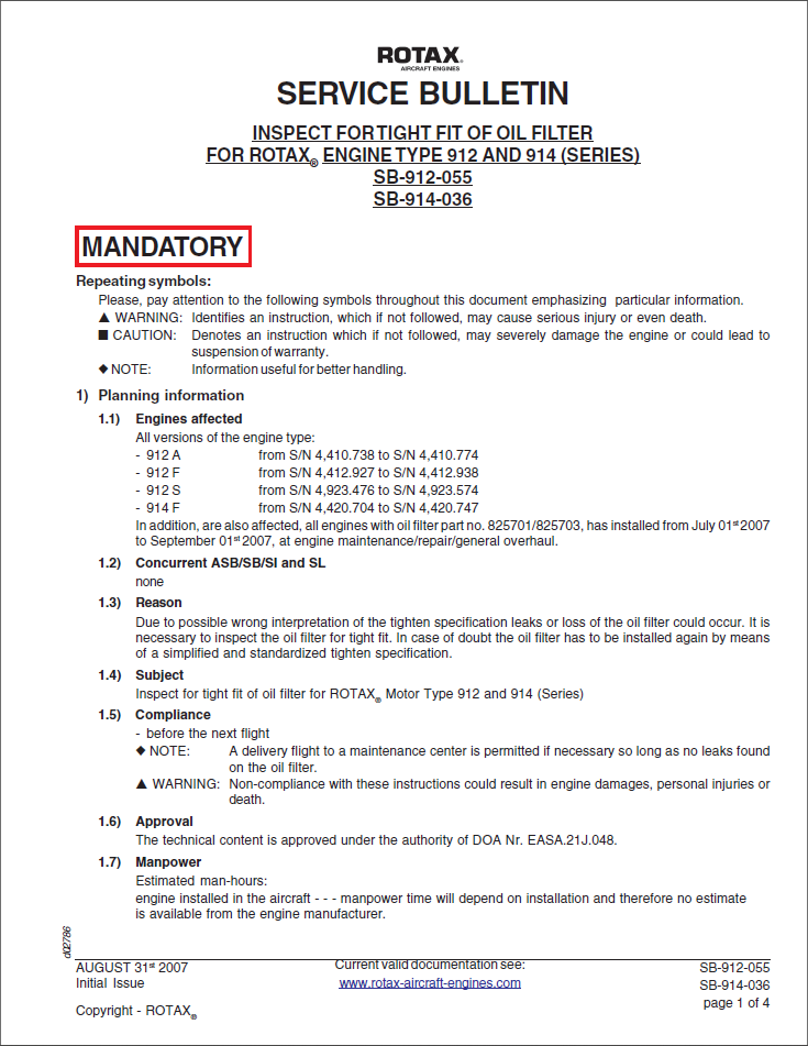 Rotax Service Bulletin Oil Filter Fit