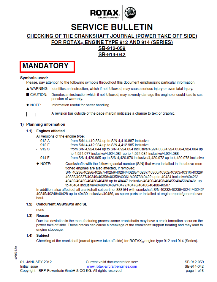 Rotax Service Bulletin Crankshaft Journal Check