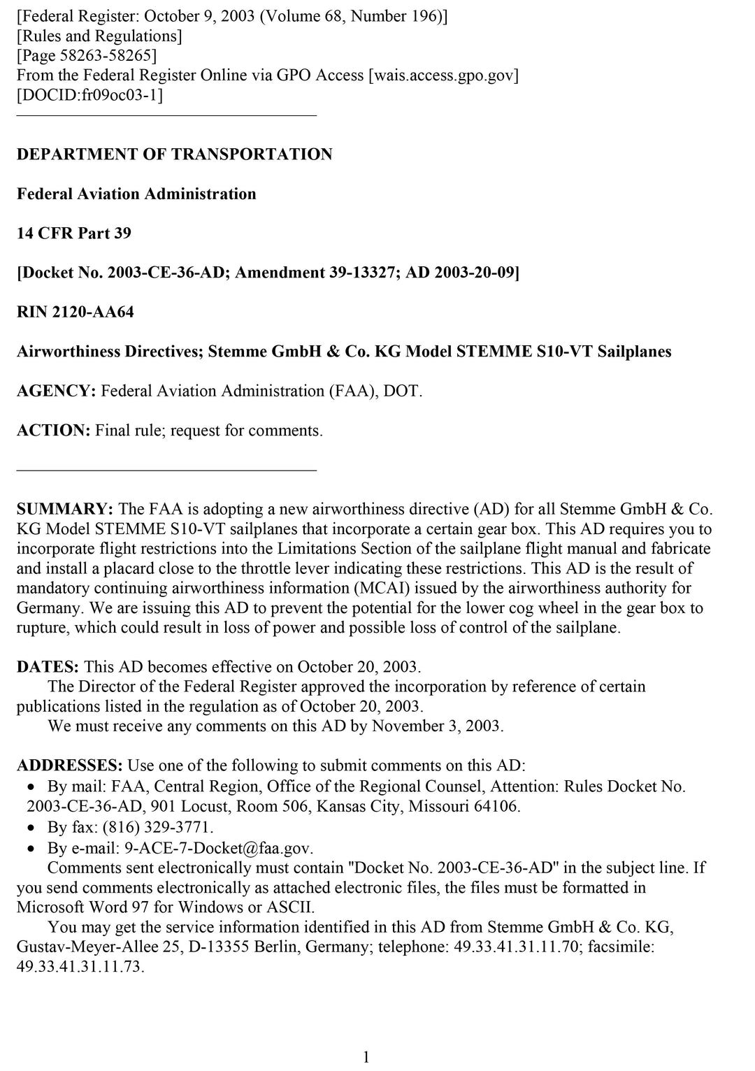 S10 FAA AD Placard Installation