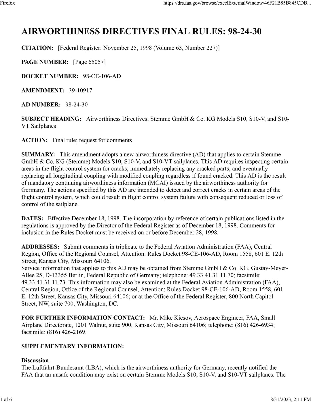 S10 FAA AD Flight Control Inspection