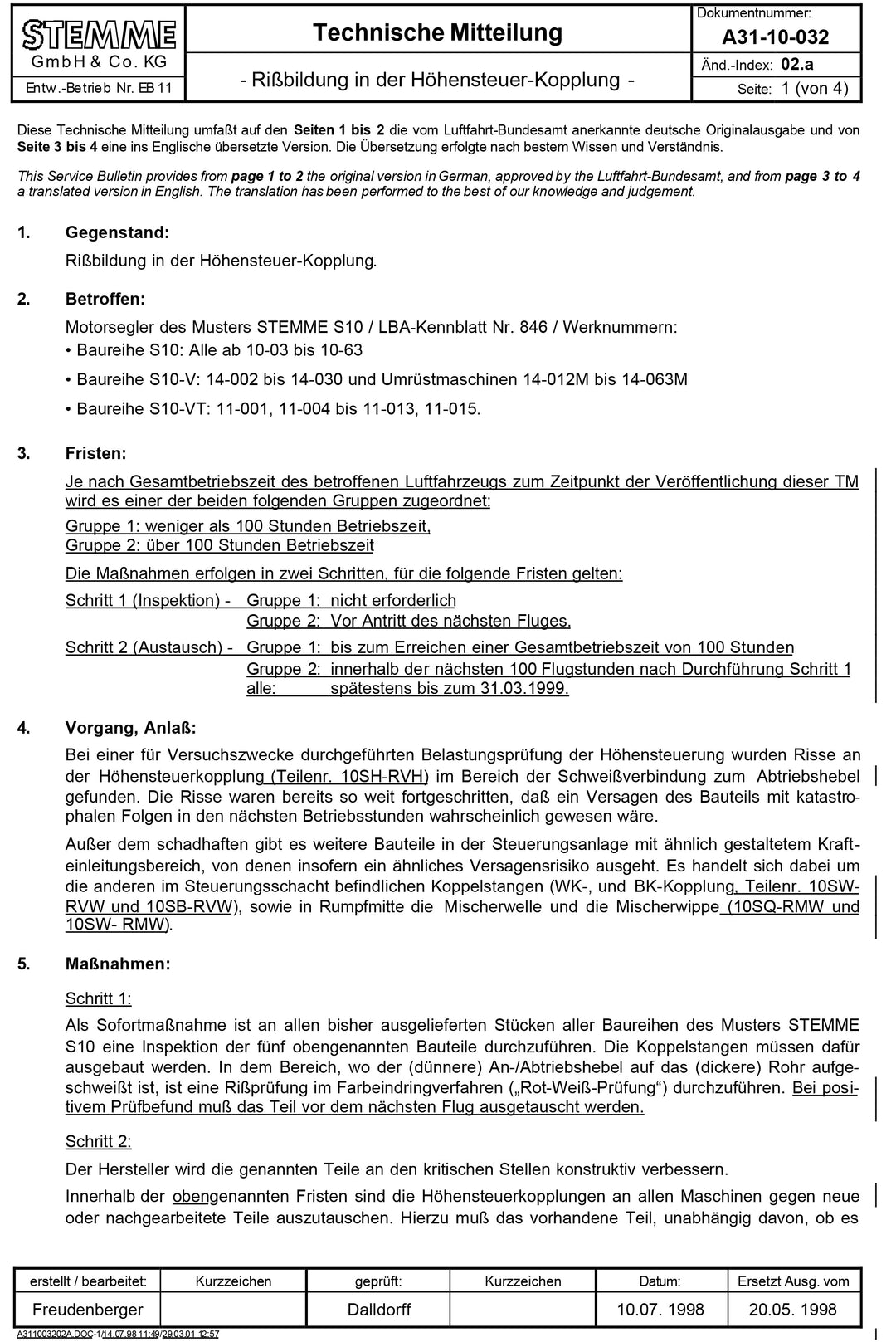S10 Service Bulletin Elevator Control Cracking
