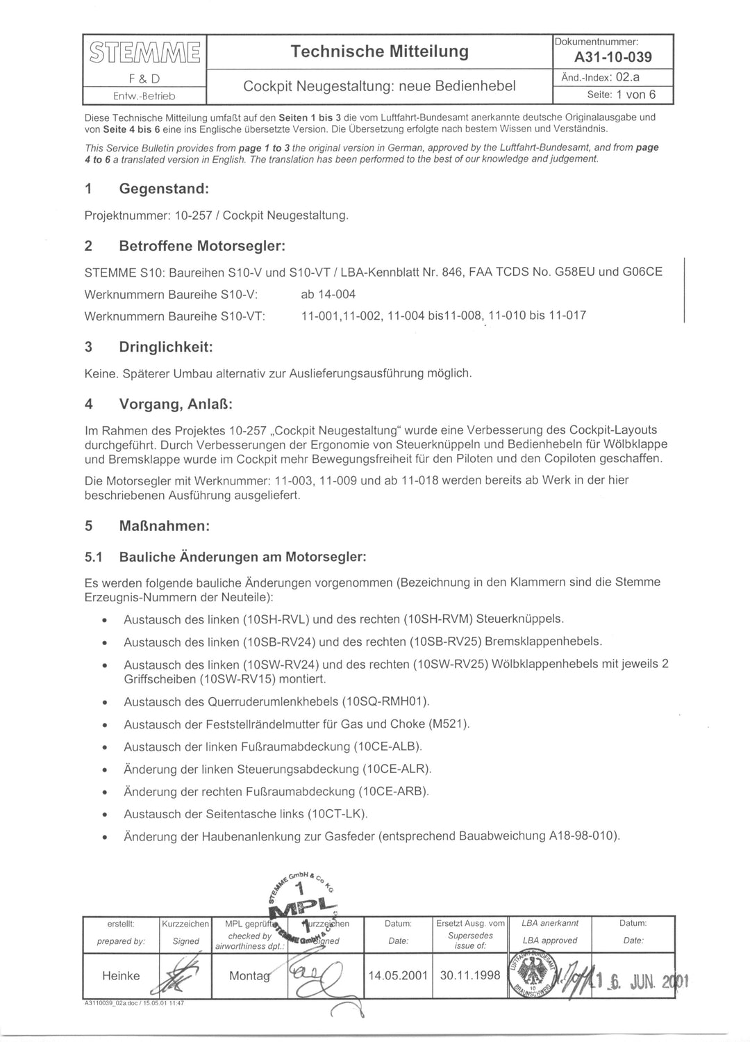 S10 Service Bulletin Cockpit Redesign