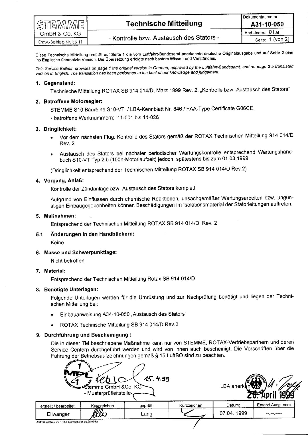 S10 Service Bulletin Checking Stator