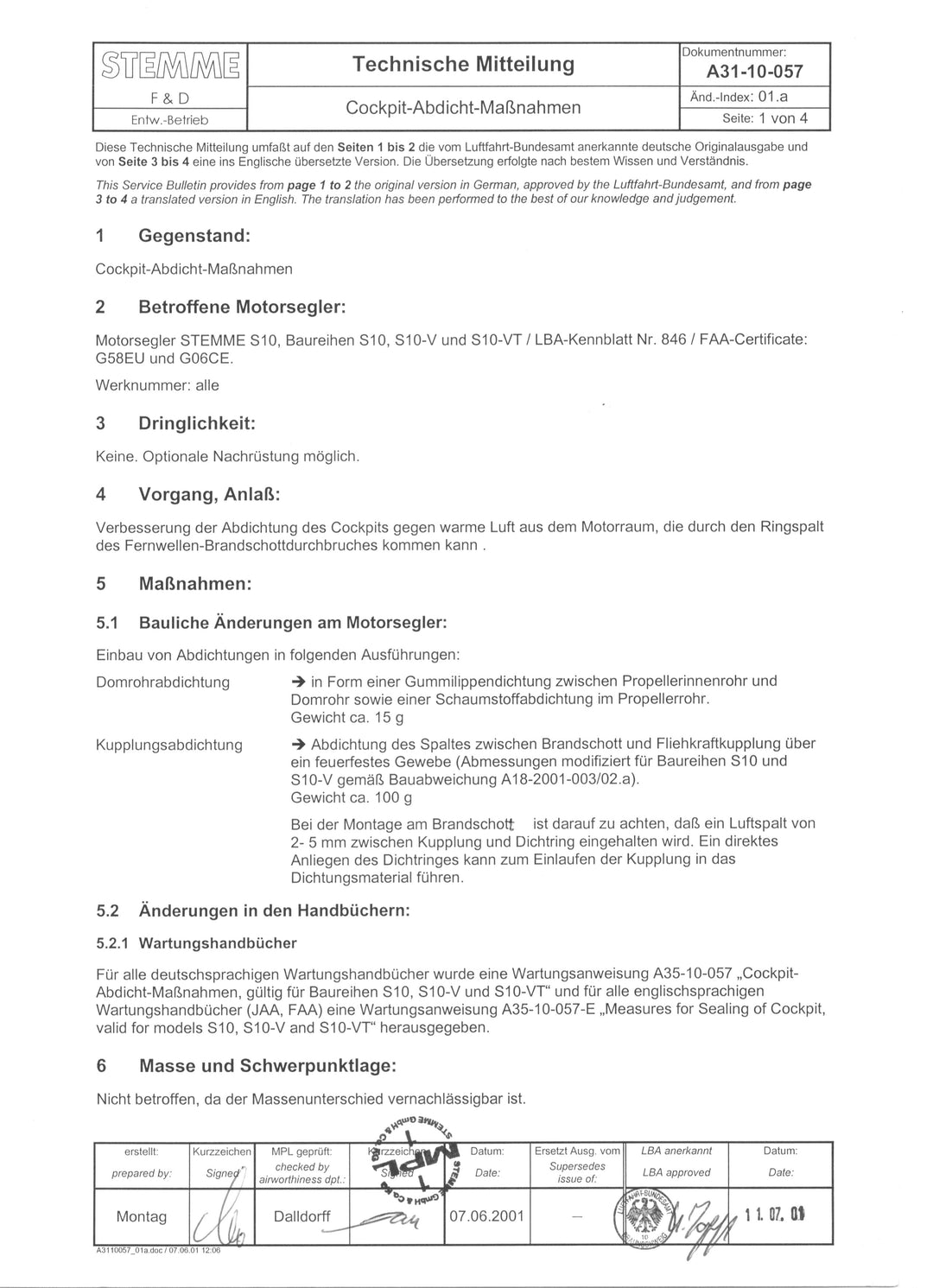 S10 Service Bulletin Cockpit Sealing