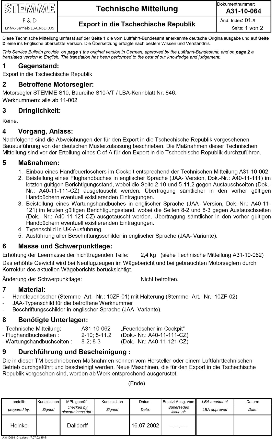 S10 Service Bulletin Export to the Czech Republic
