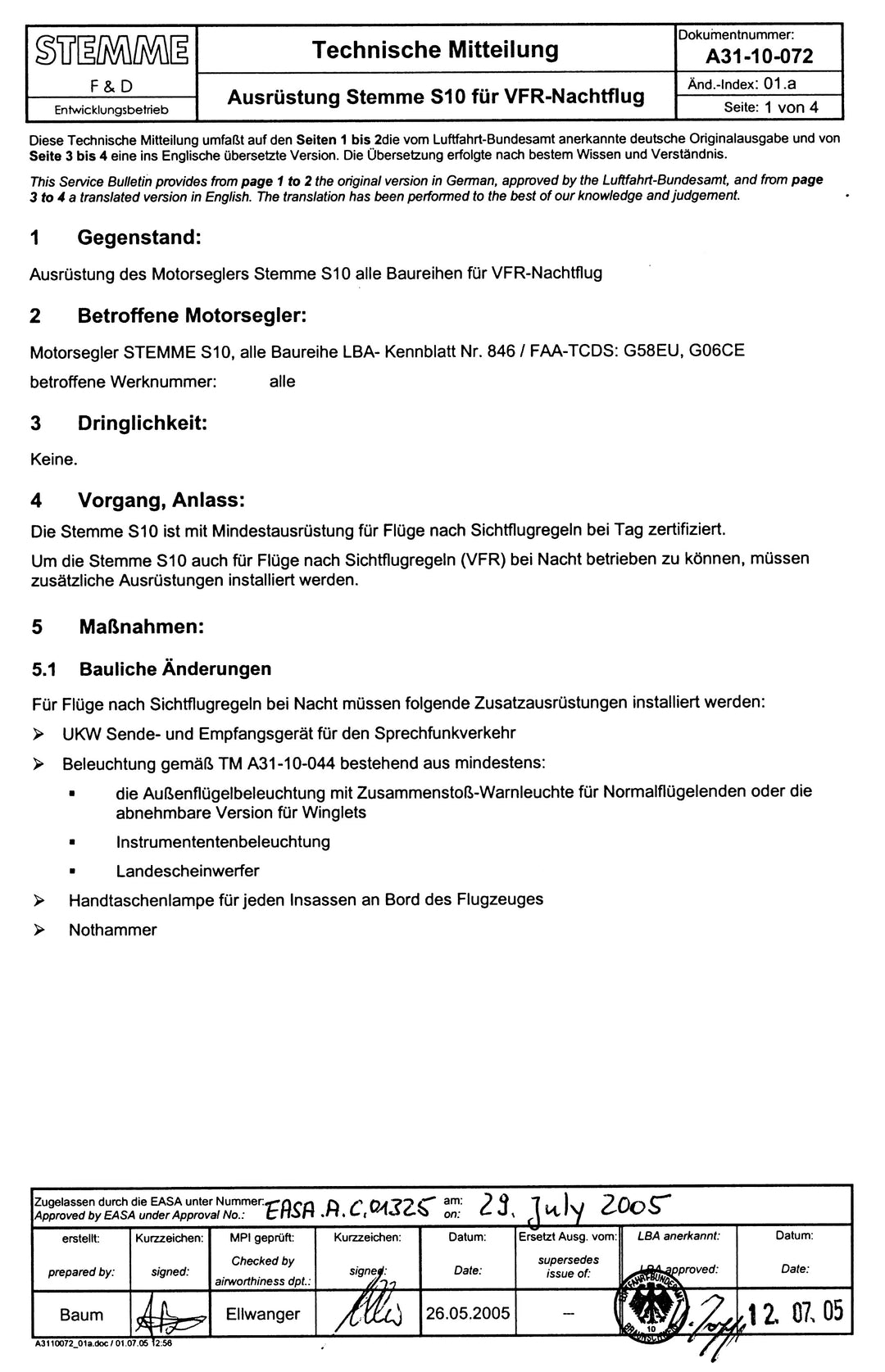 S10 Service Bulletin VFR Equipment