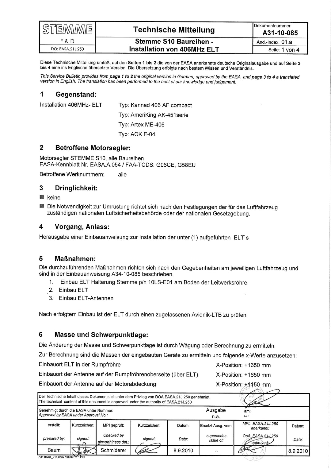 S10 Service Bulletin 406MHz ELT Install