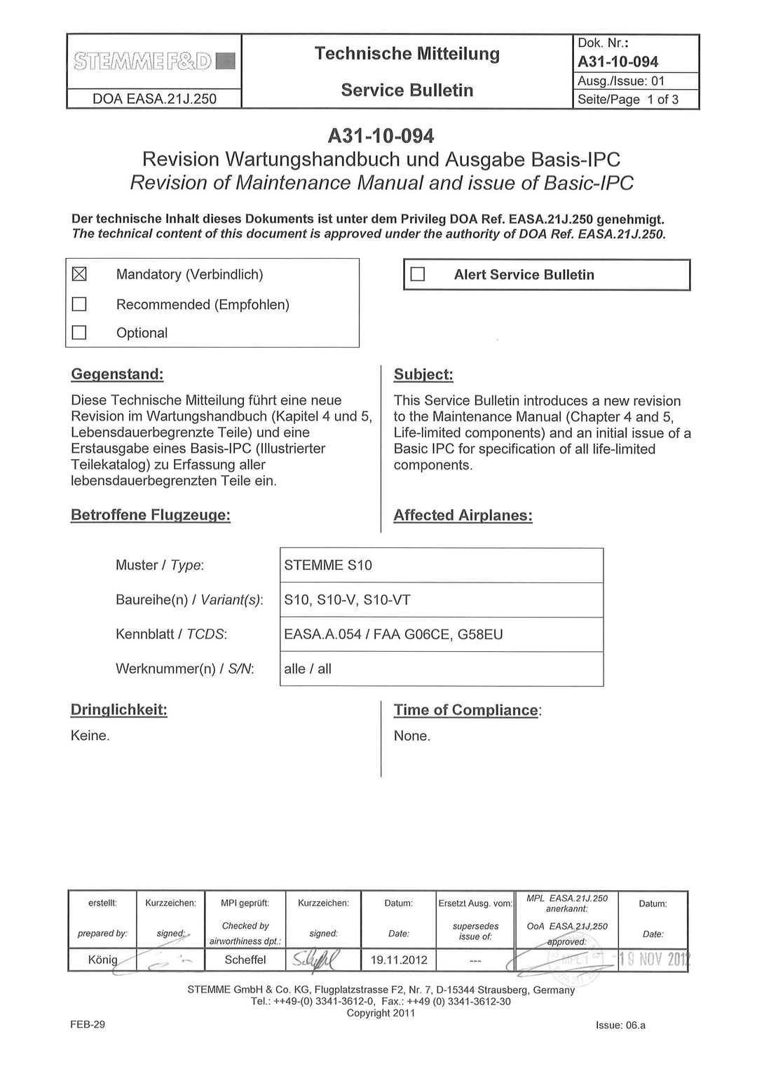 S10 Service Bulletin Maintenance Manual Revision