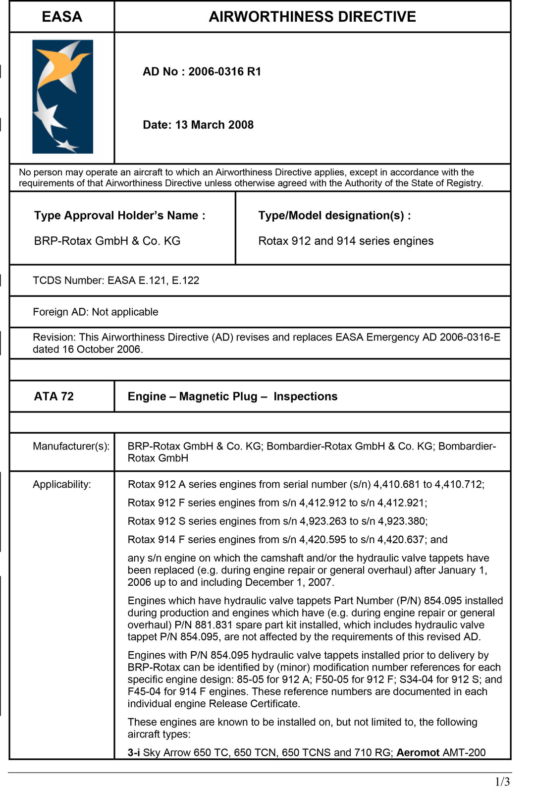 S10 EASA AD Valve Tappet