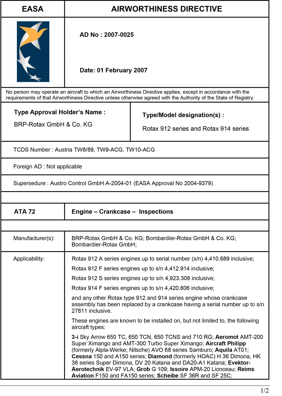 S10 EASA AD Crankcase Cracks