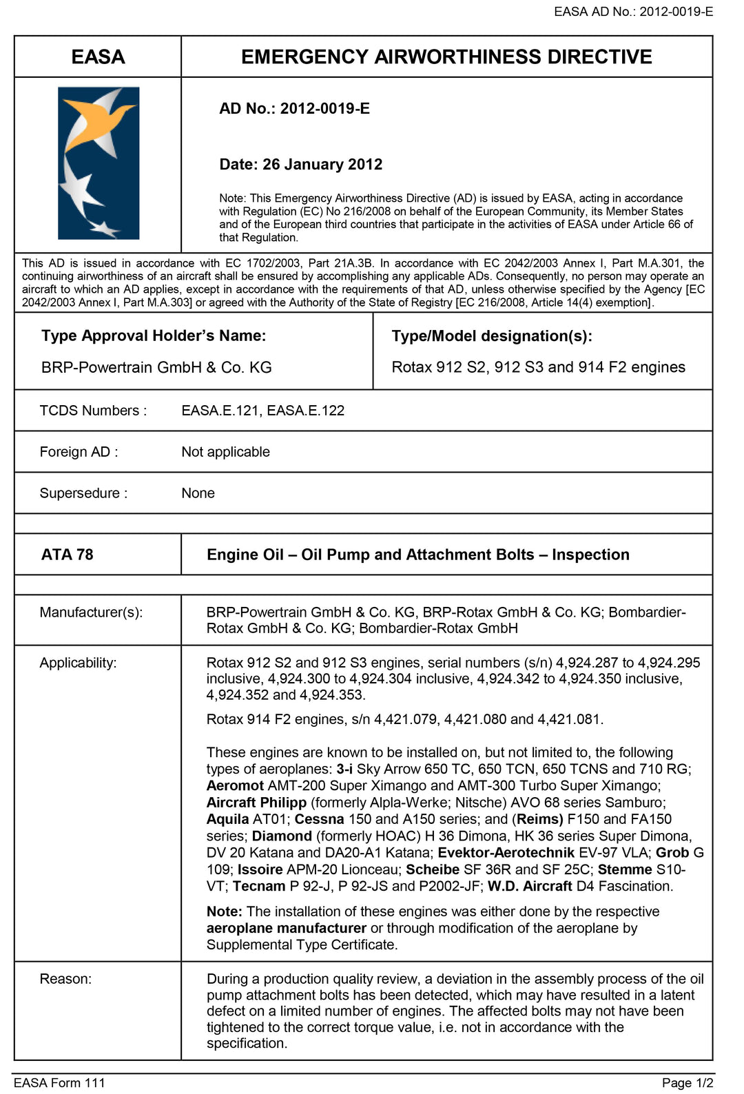 S10 EASA AD Oil Pump Torque
