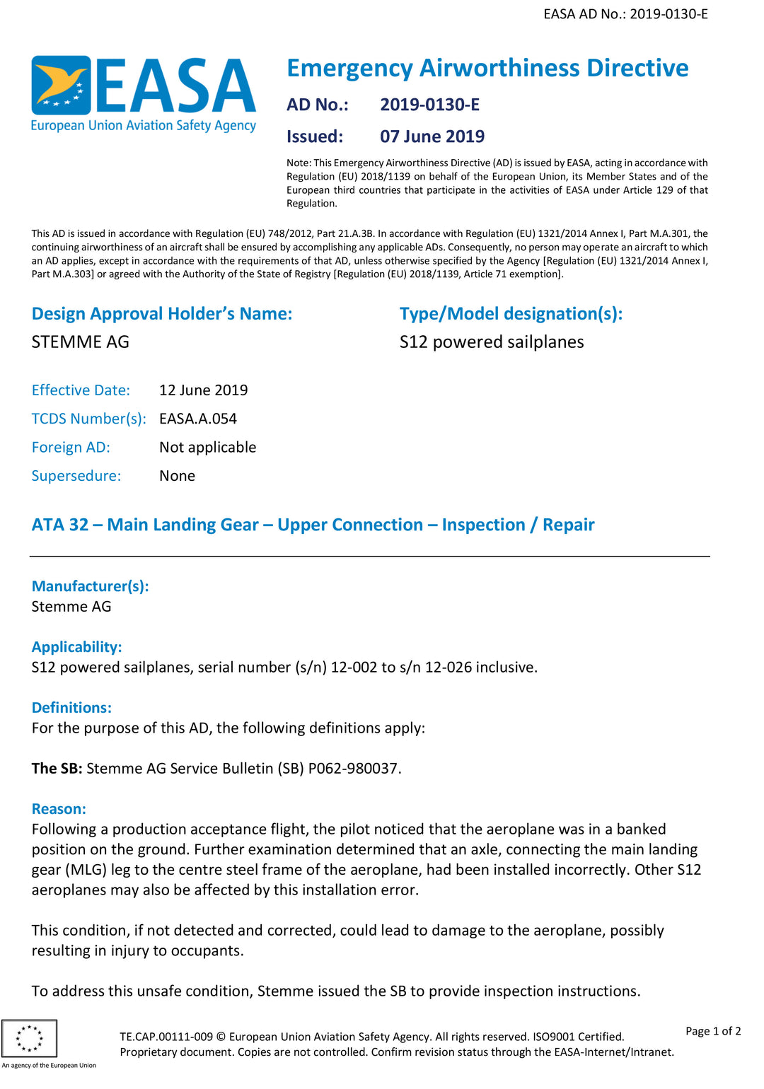 S12 EASA AD MLG Inspection