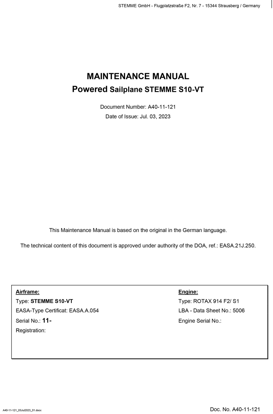 New S10-VT EASA Maintenance Manual Revisions