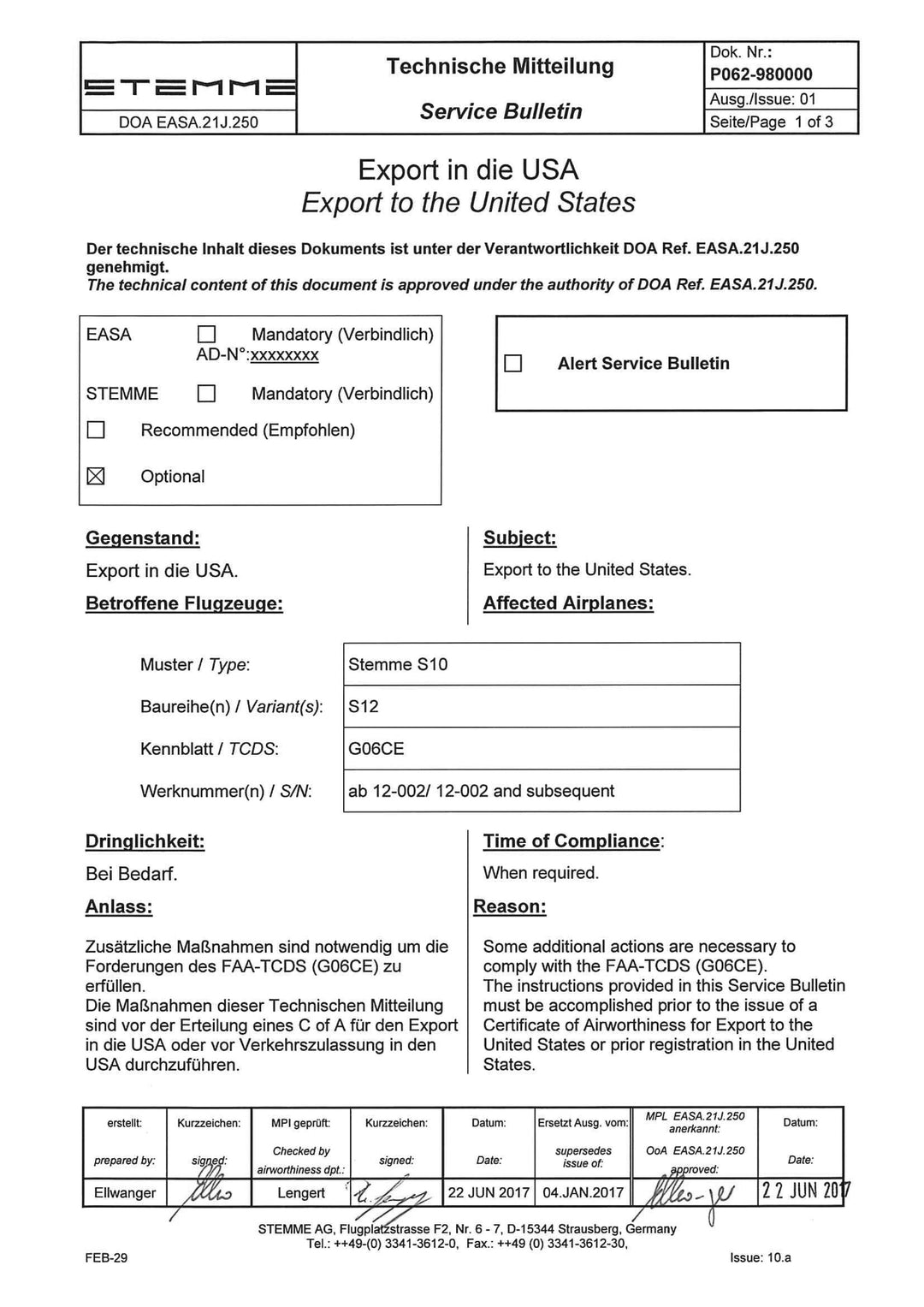 S12 Service Bulletin Export to the United States