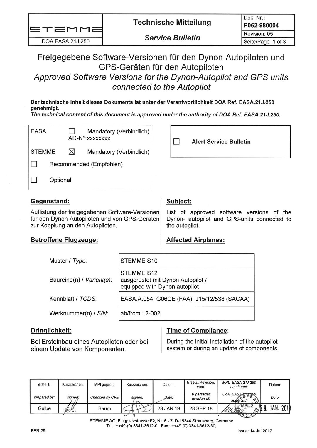 S12 Service Bulletin Approved Software