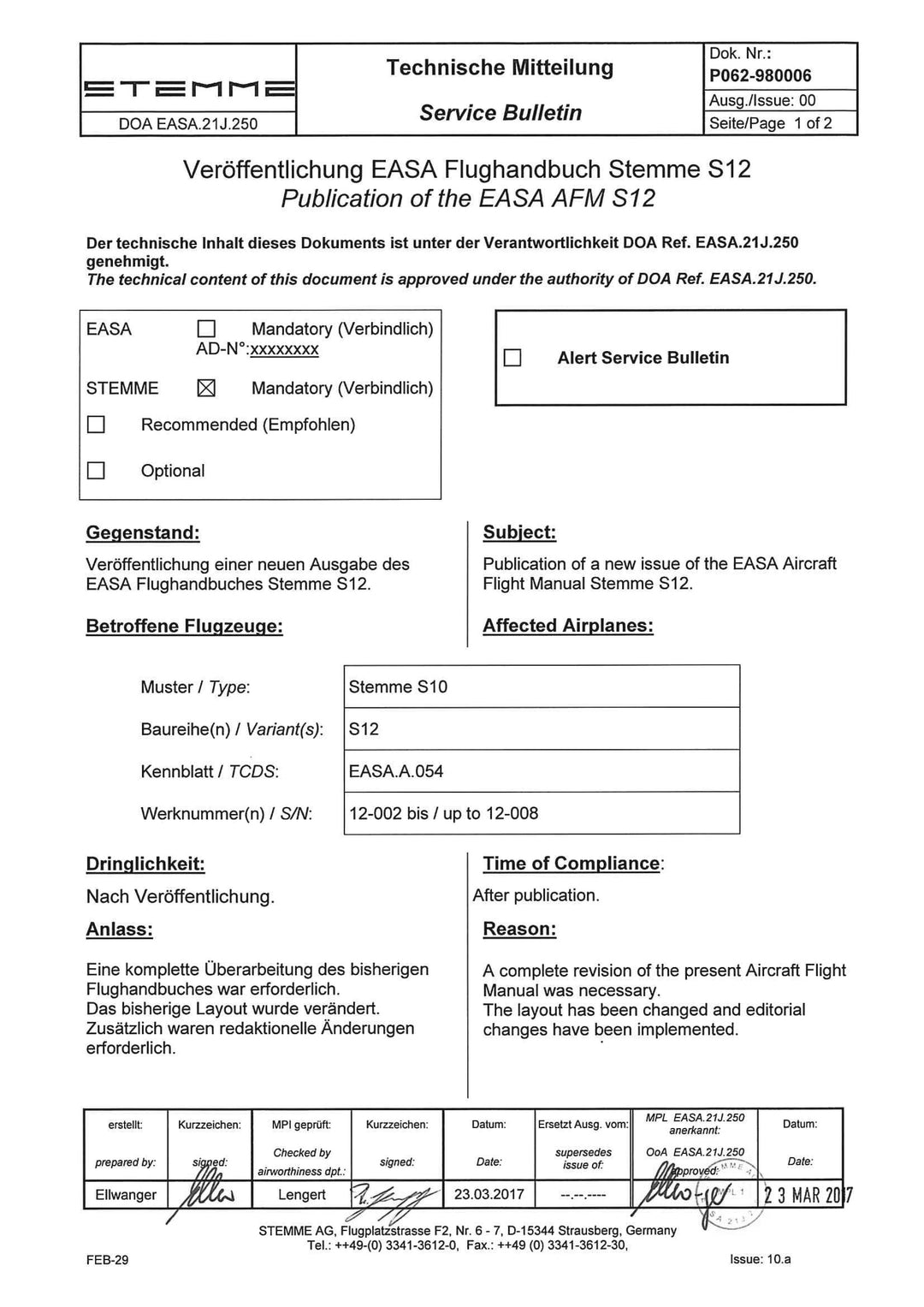 S12 Service Bulletin EASA AFM Publication