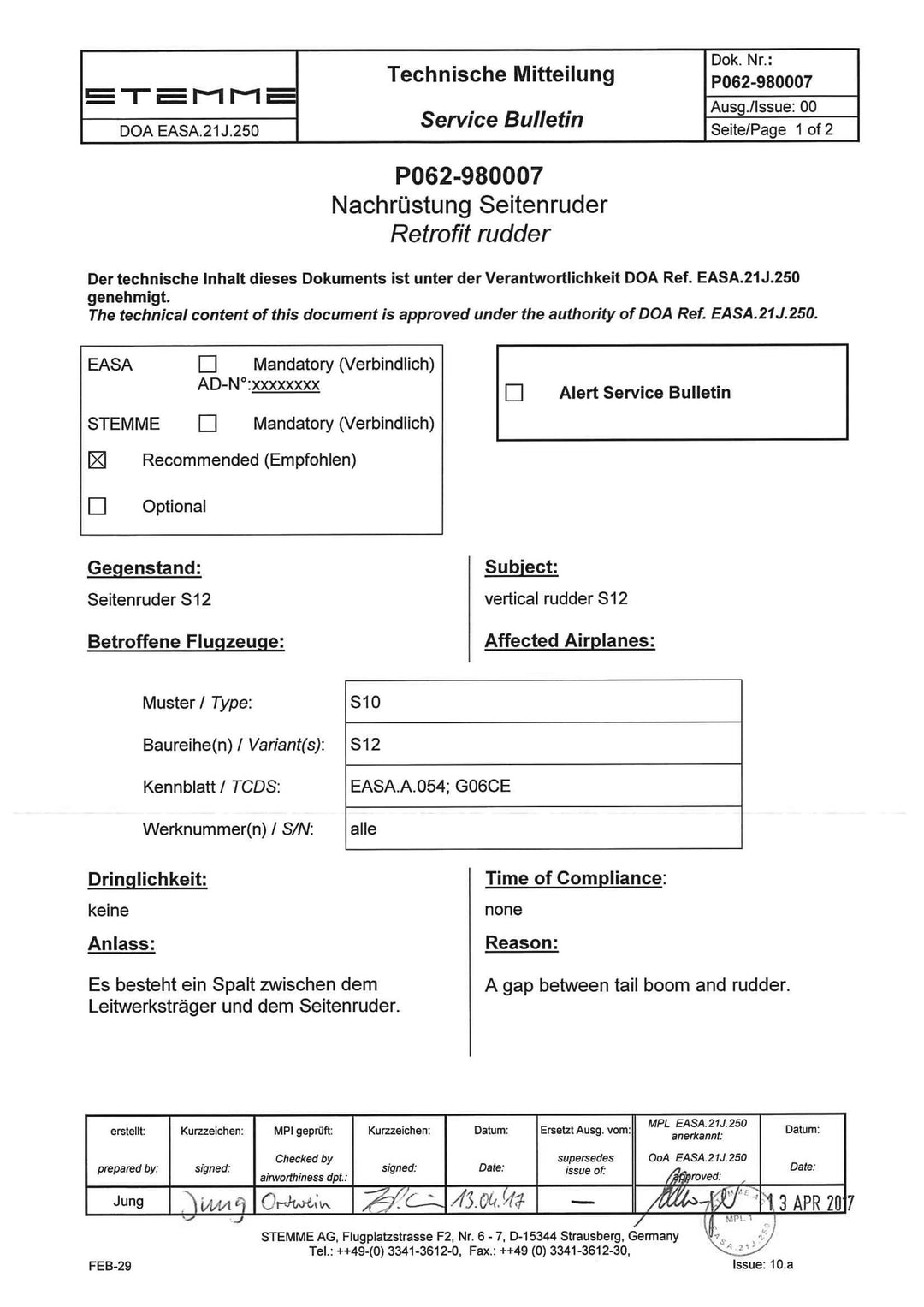 S12 Service Bulletin Retrofit Rudder