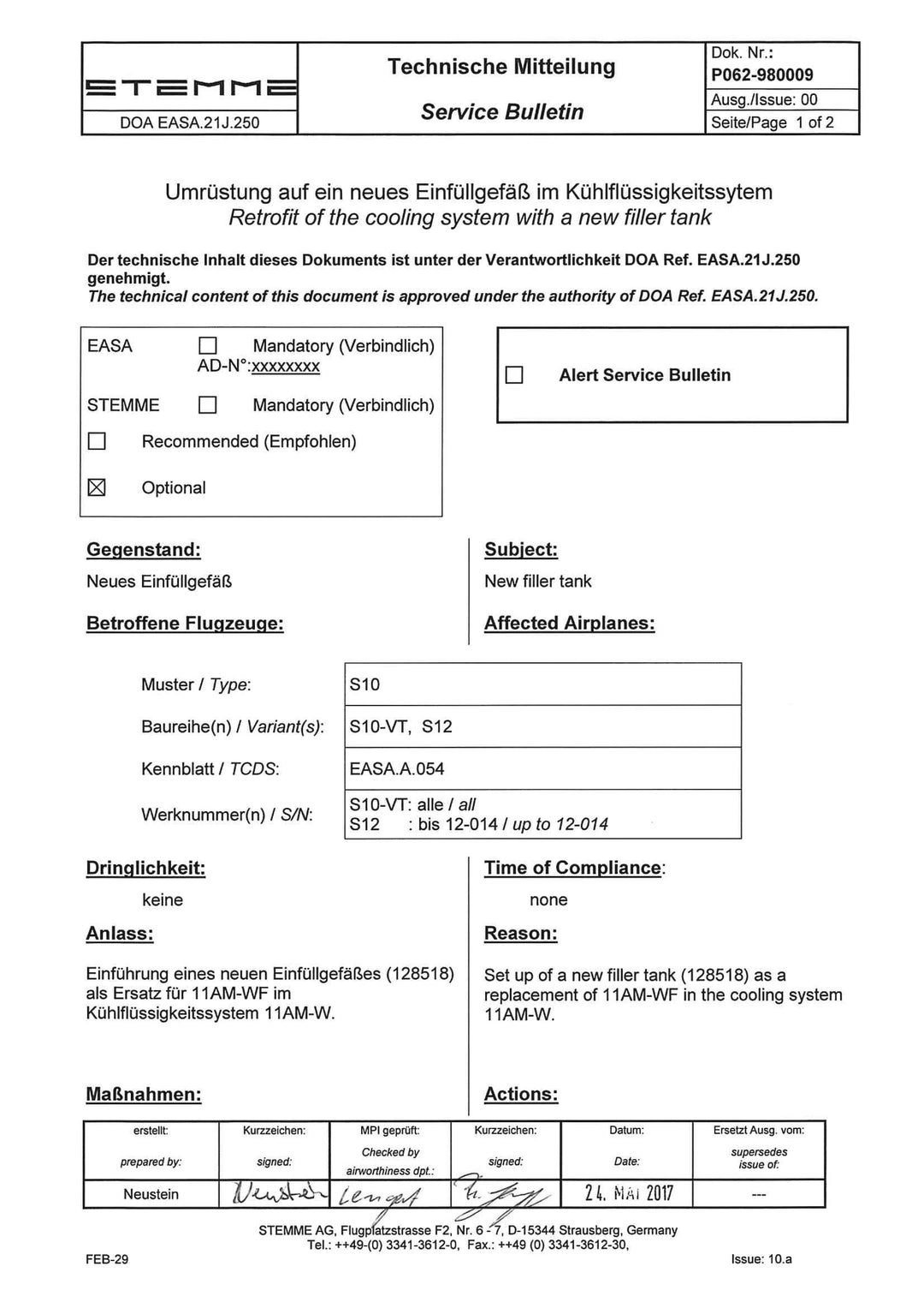 S10/12 Service Bulletin New Filler Tank