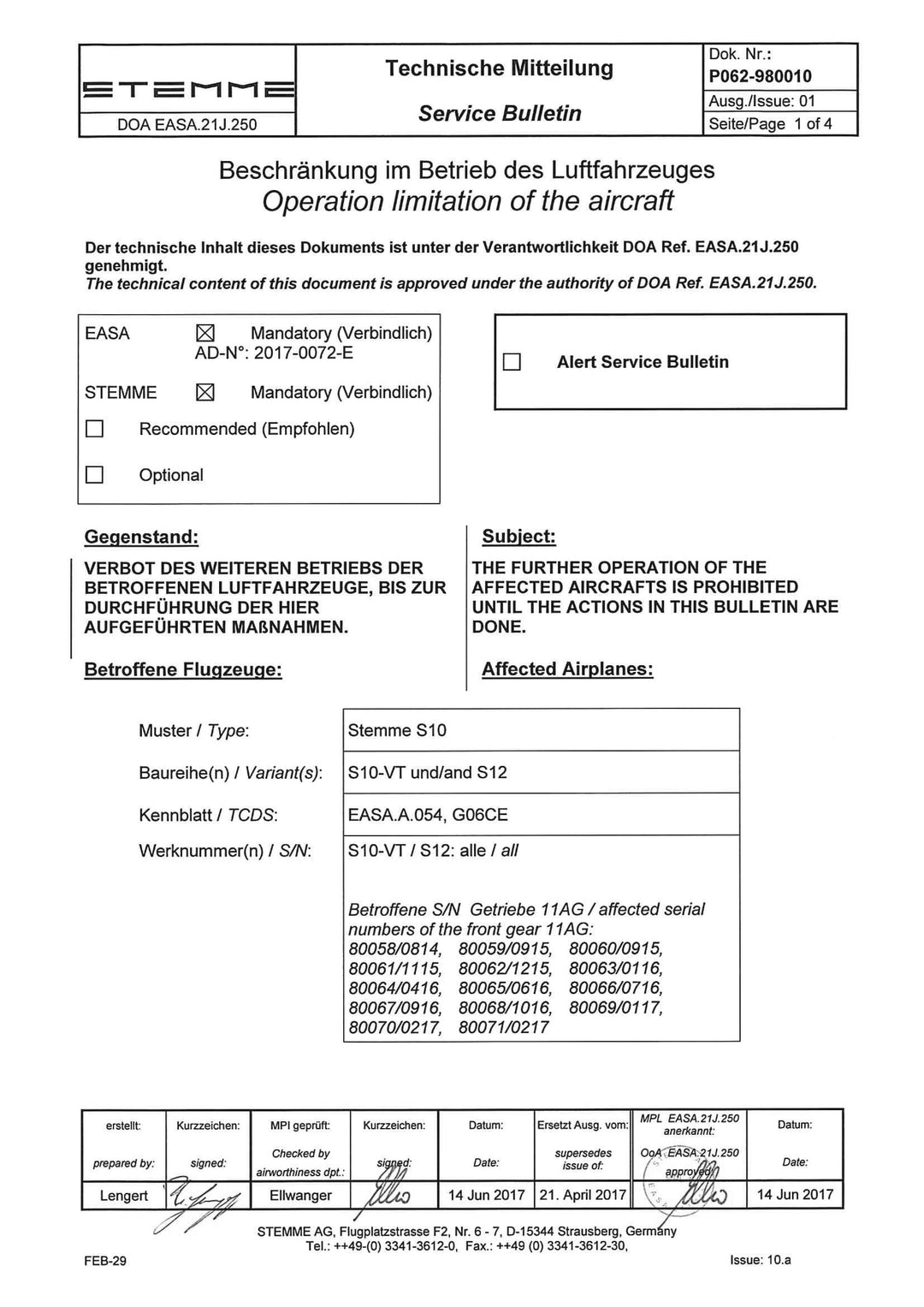 S10/12 Service Bulletin Operation Limitation