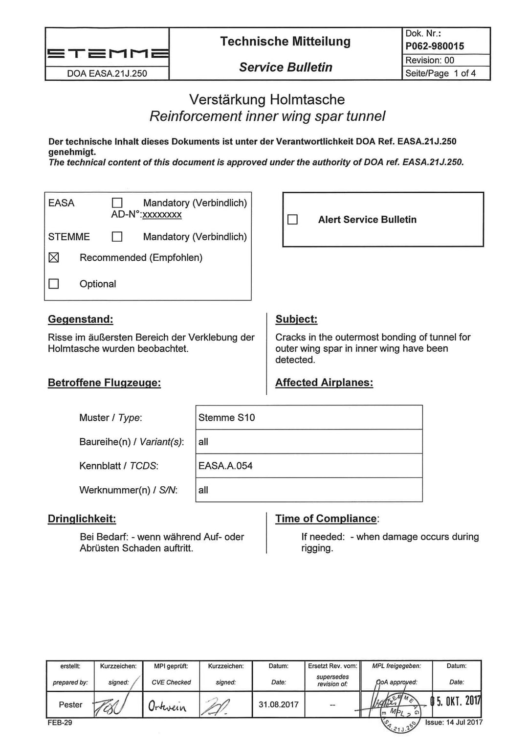 S10/12 Service Bulletin Spar Tunnel Reinforcement
