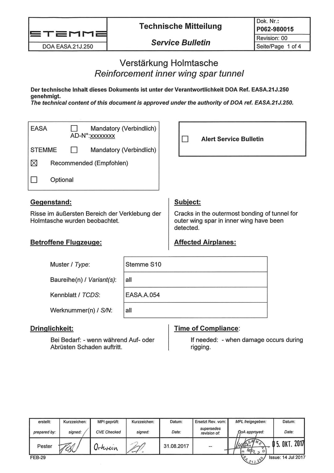 S10/12 Service Bulletin Spar Tunnel Reinforcement