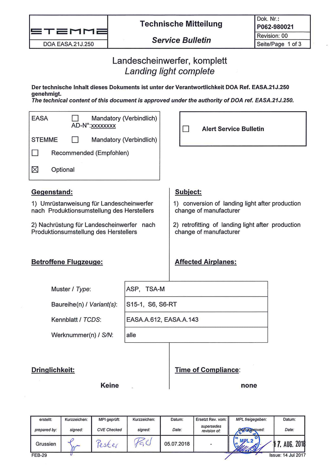 S6 Service Bulletin Landing Light