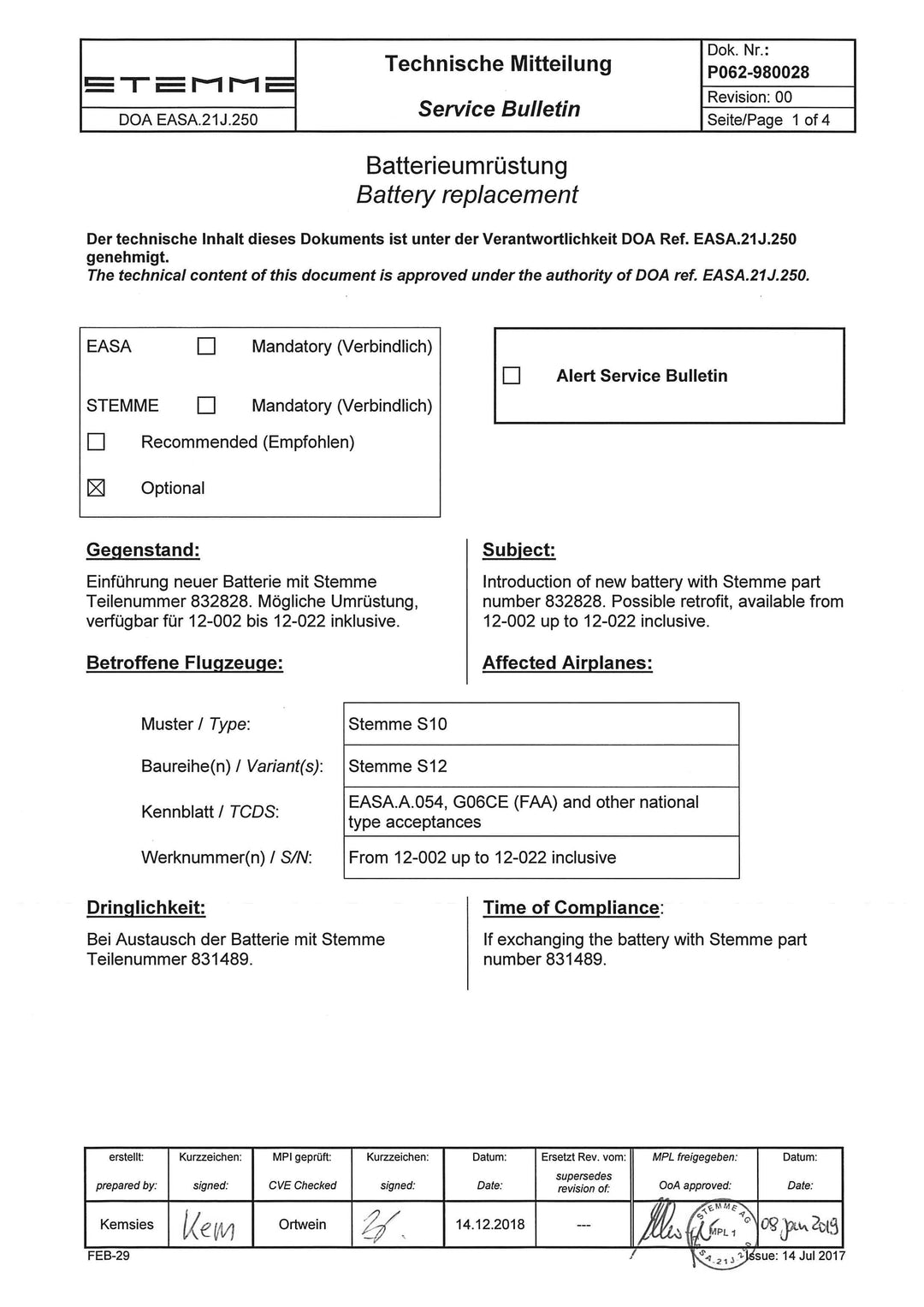 S12 Service Bulletin Battery Replacement