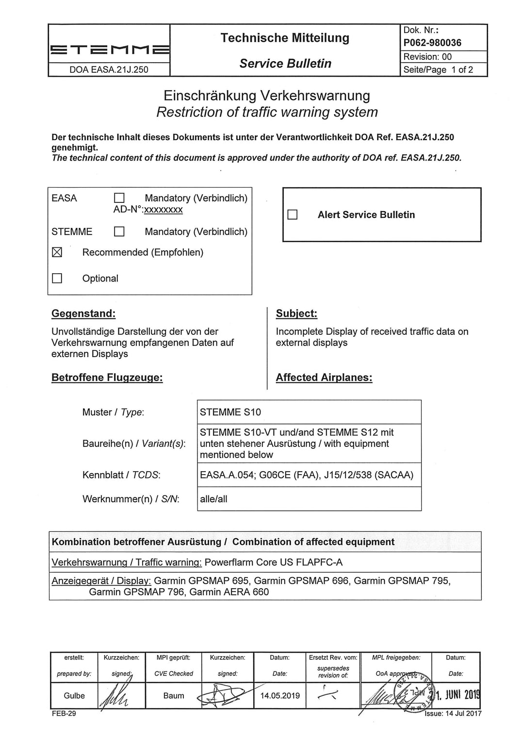 S10/12 Service Bulletin Traffic Warning System