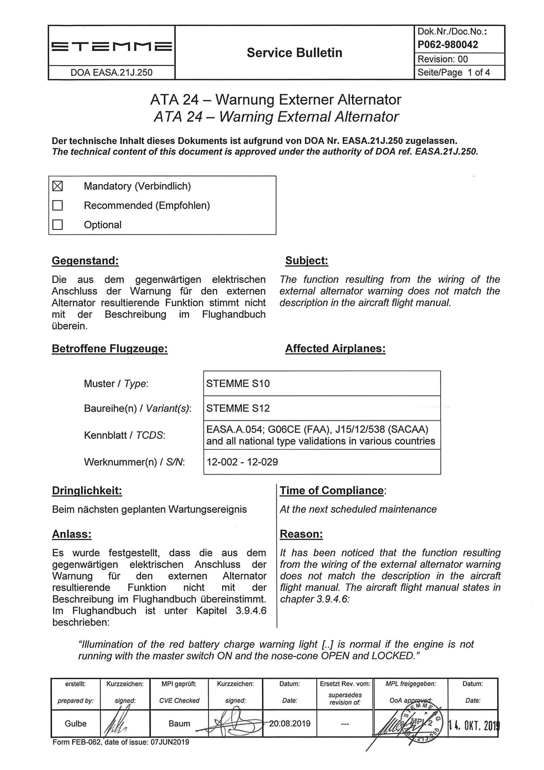 S12 Service Bulletin External Alternator Warning