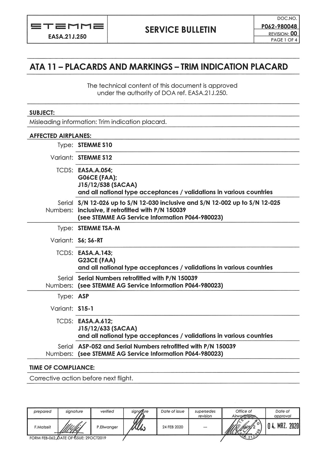 S12 Service Bulletin Trim Indication Placard