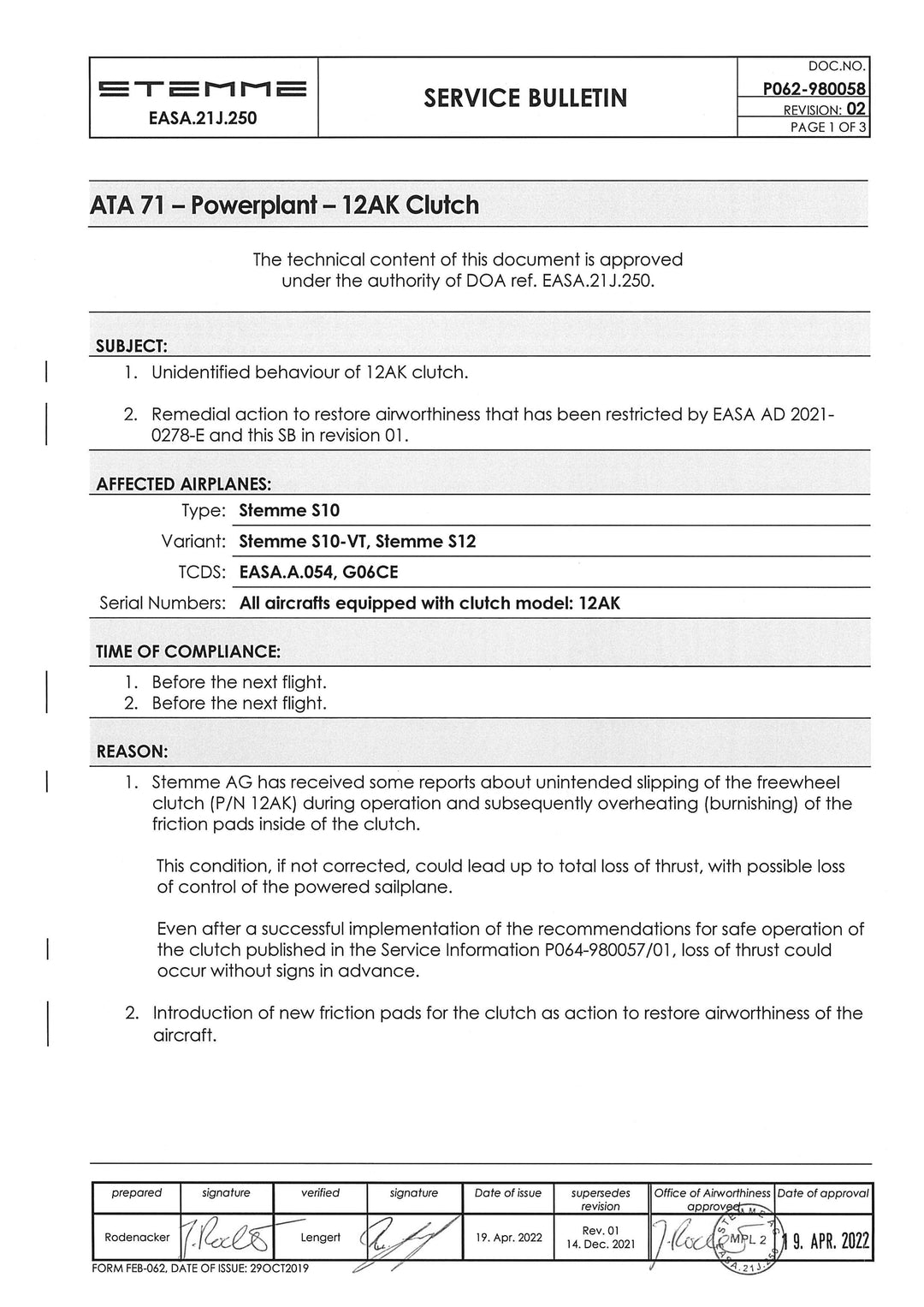 S10/12 Service Bulletin 12AK Clutch