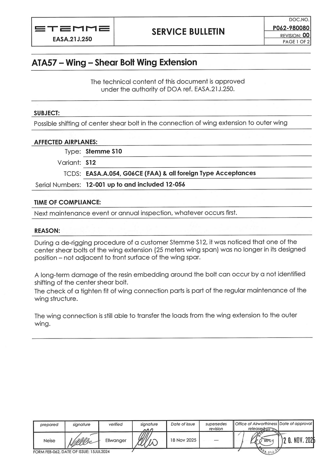 S12 Service Bulletin Shear Bolt Wing Extension