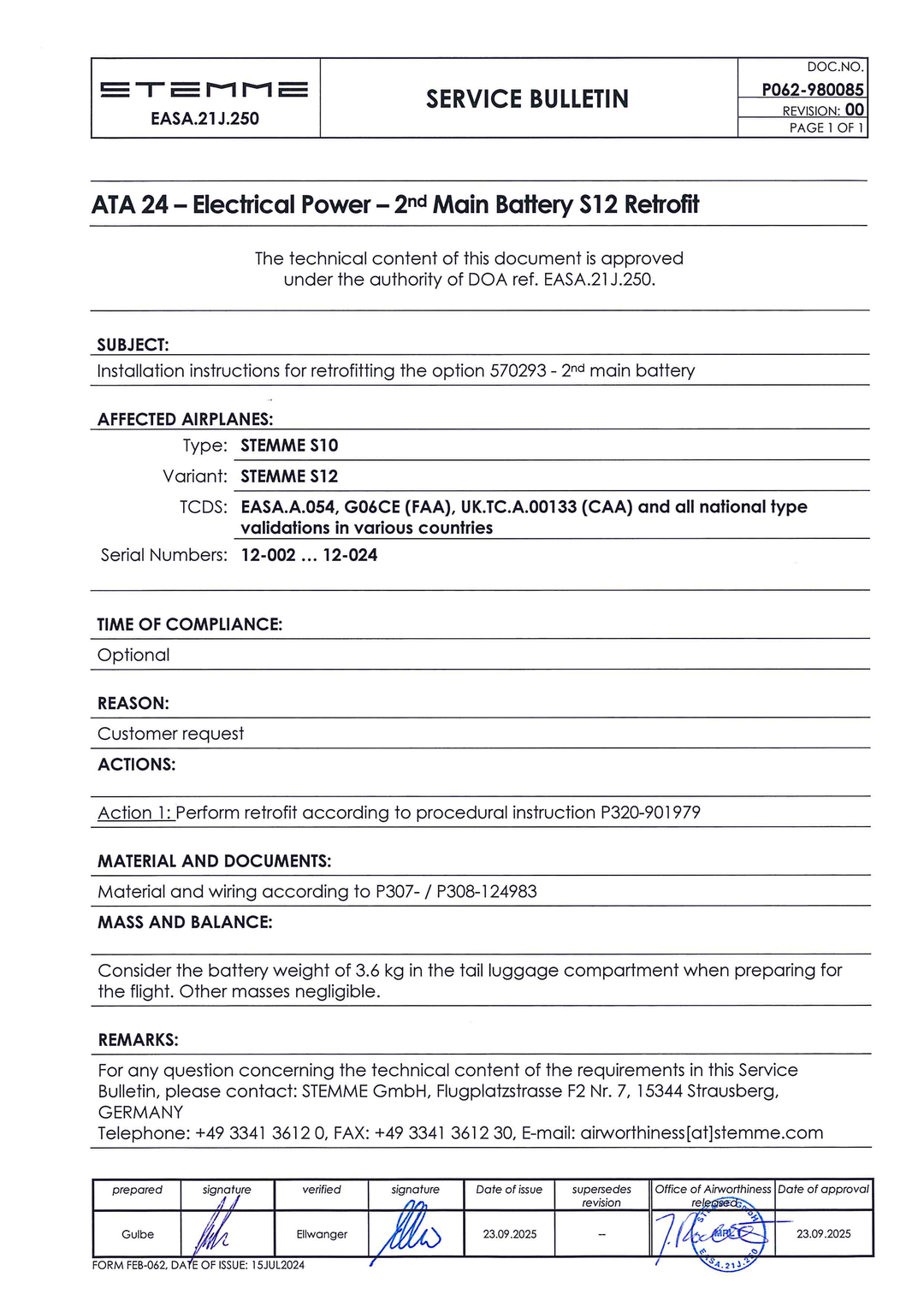 S12 Service Bulletin 2nd Main Battery S12 Retrofit