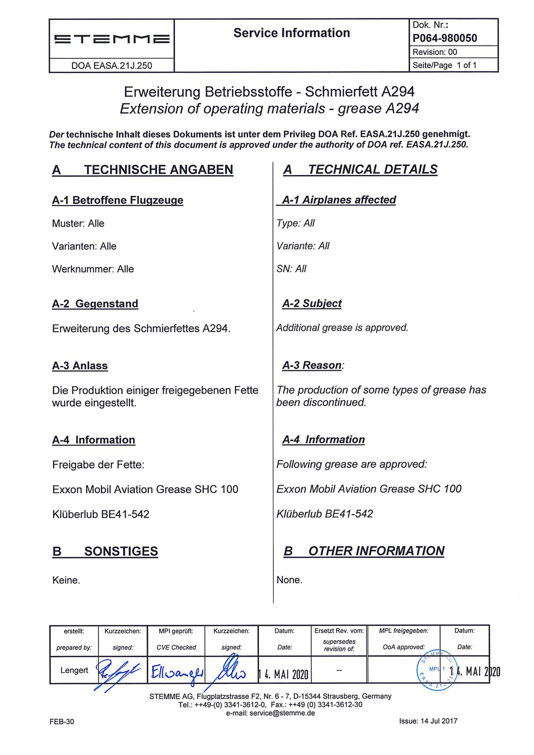 Service Information Additional Grease Approval