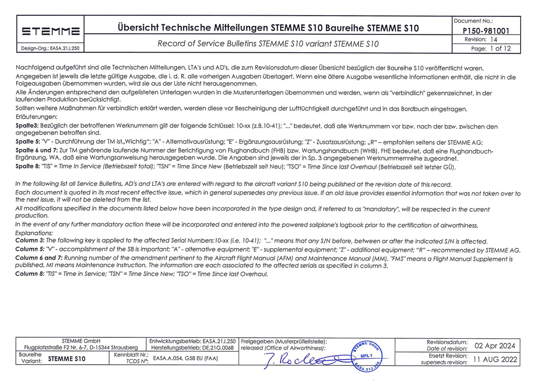 S10 Record of Service Bulletins