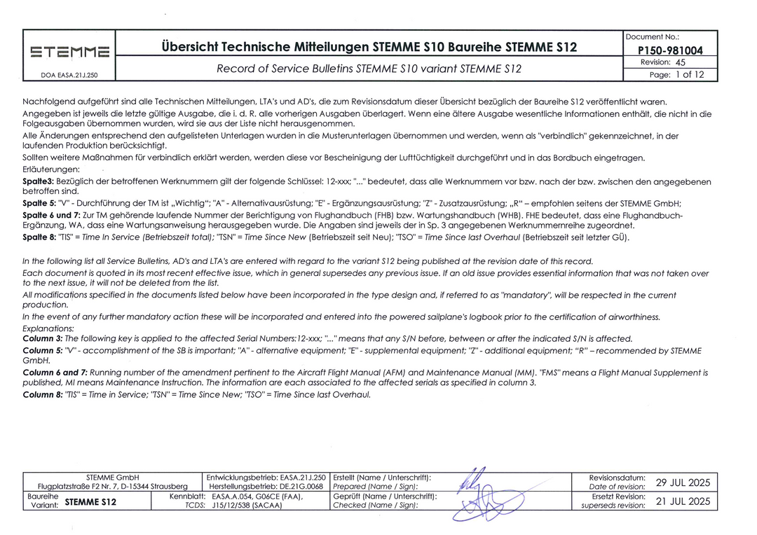 S12 Record of Service Bulletins Revision 46