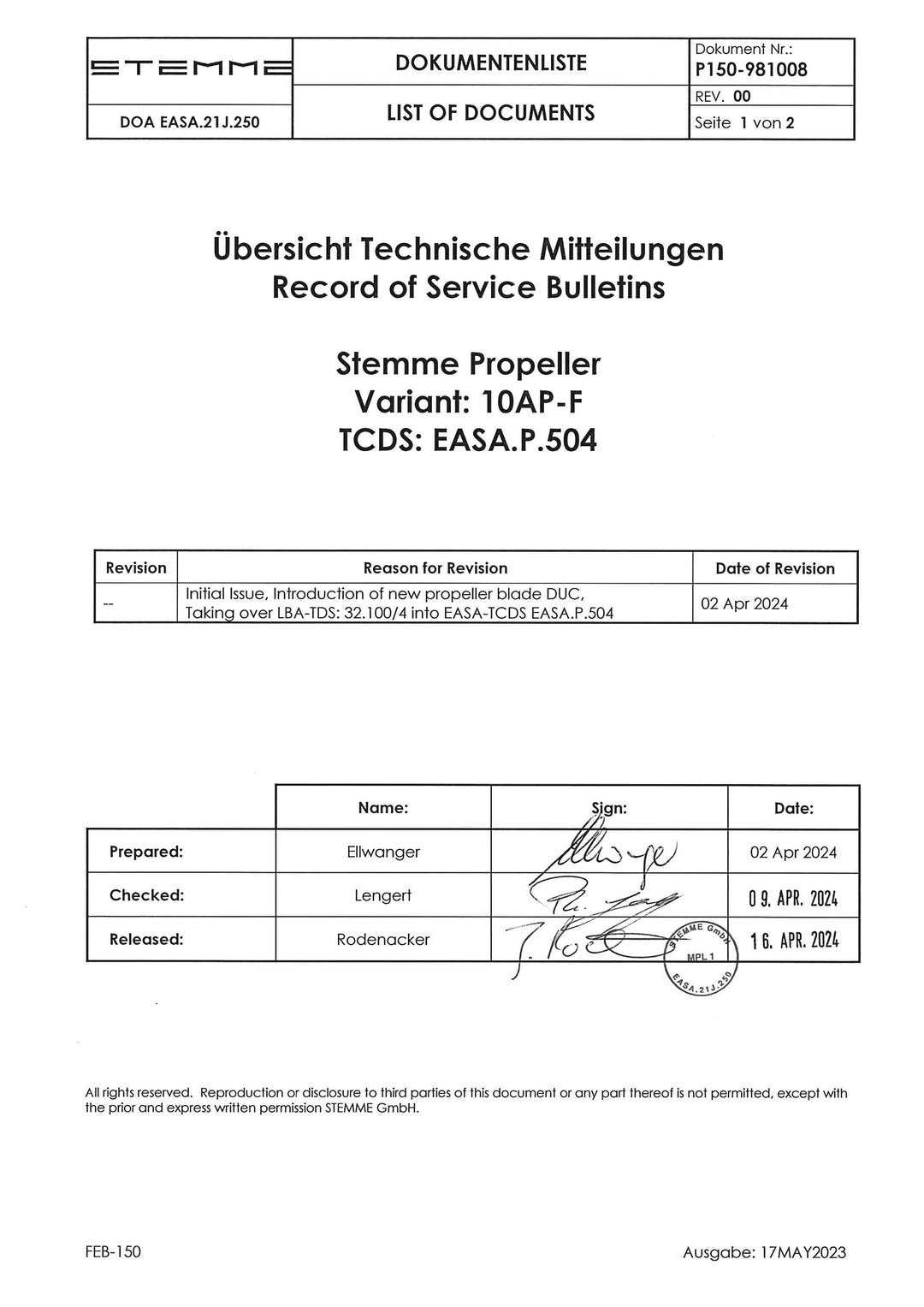 10AP-F Propeller Record of Service Bulletins