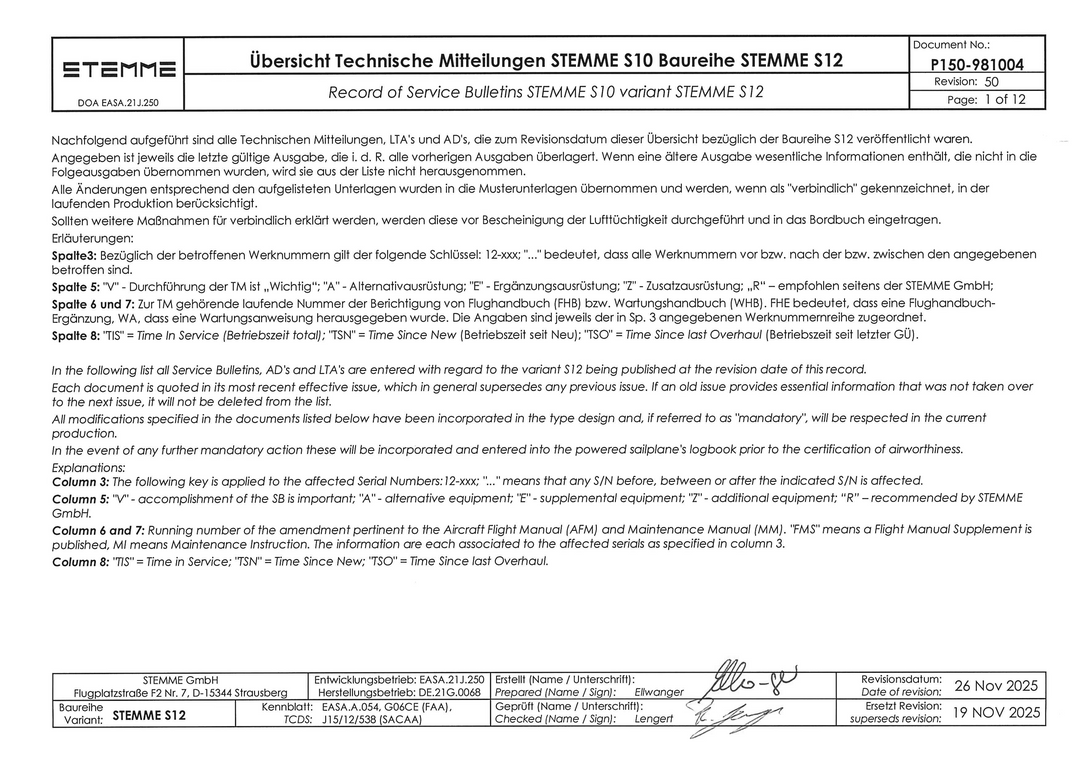 S12 Record of Service Bulletins Revision 50
