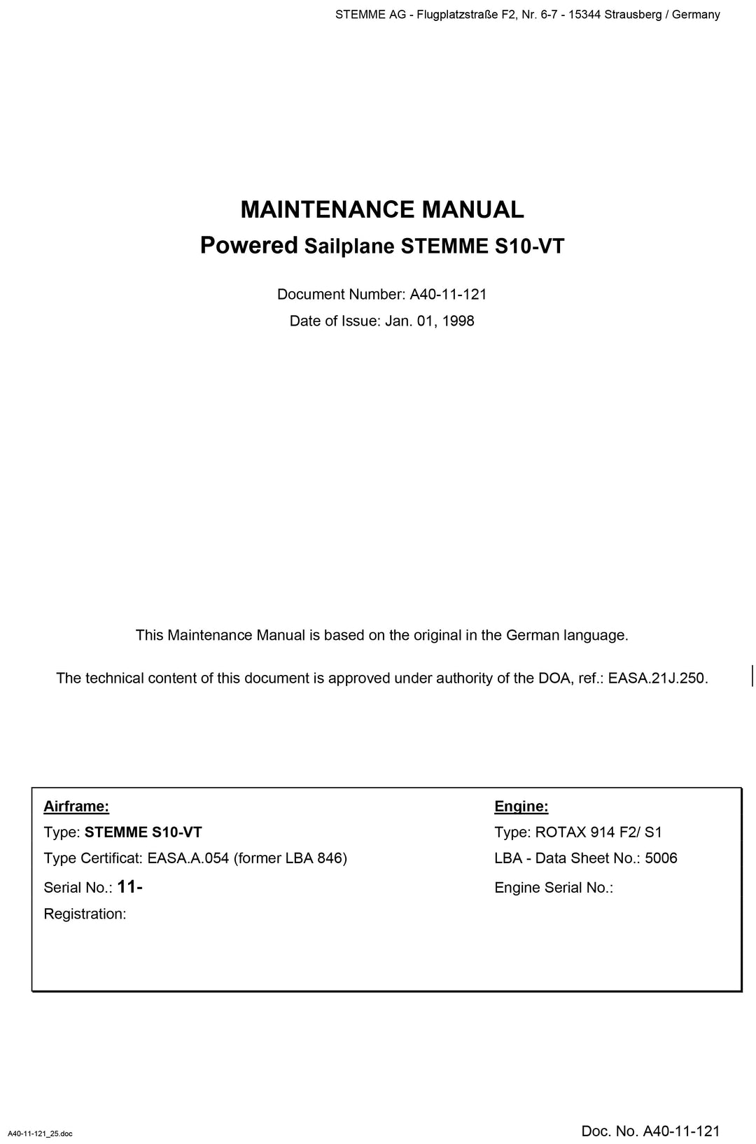 S10-VT EASA Maintenance Manual Revisions