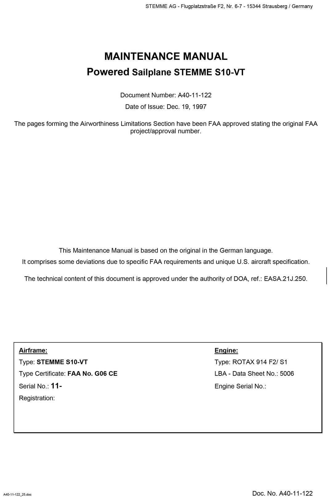 S10-VT FAA Maintenance Manual Revsion Pages