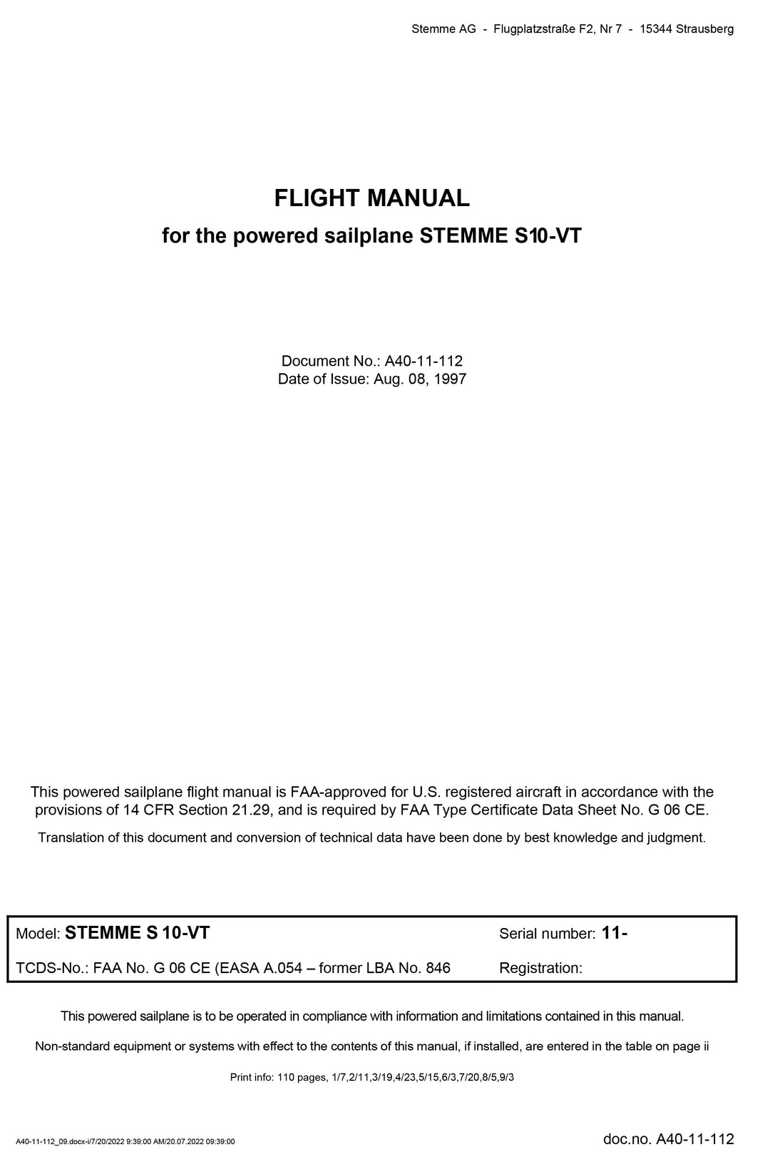 S10-VT Flight Manual Revision