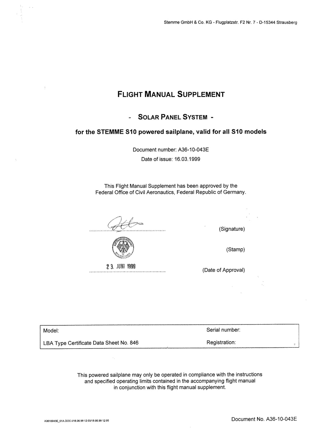 S10,-V,-VT Flight Manual Supplement Solar Panel
