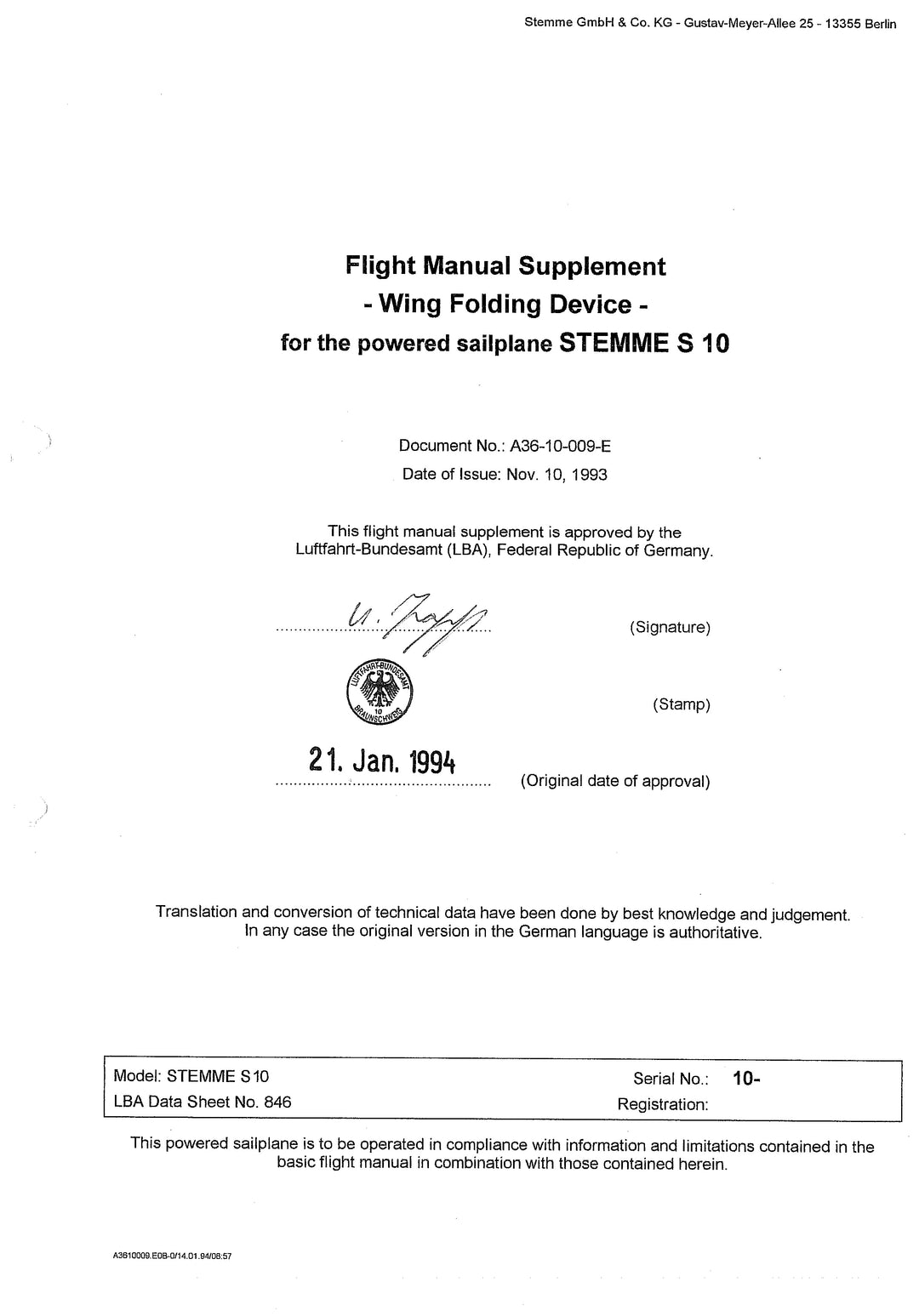 S10-V,-VT Flight Manual Supplement Wing Fold