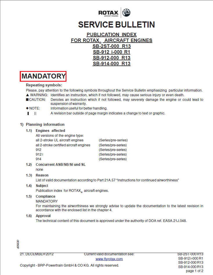 Rotax Service Bulletin Publication Index
