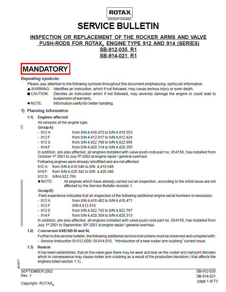 Rotax Service Bulletin Inspection of Rocker Arms